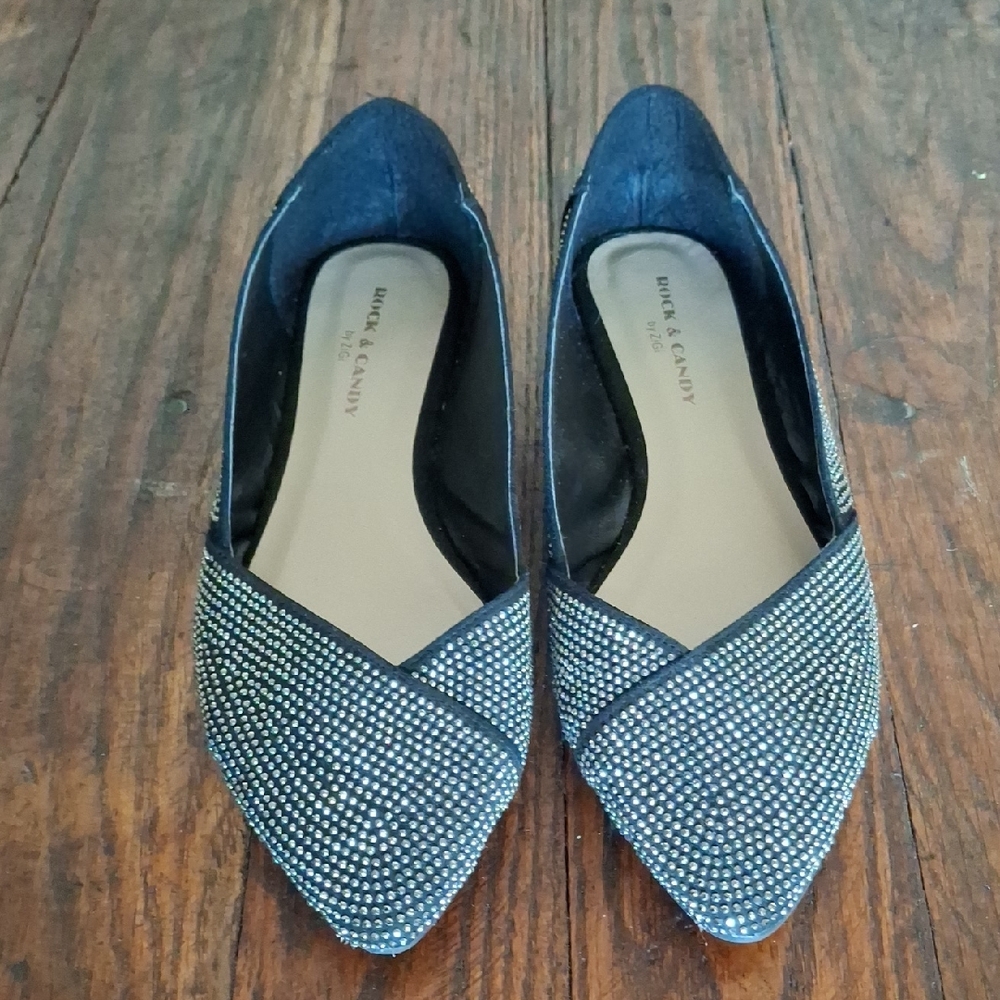 Rock & Candy Black Pointed Flats with Crystal Embellished Vamp